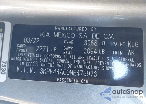 2022 Kia Forte Gt z USA, uszkodzony, nr VIN 3KPF44AC0NE476973